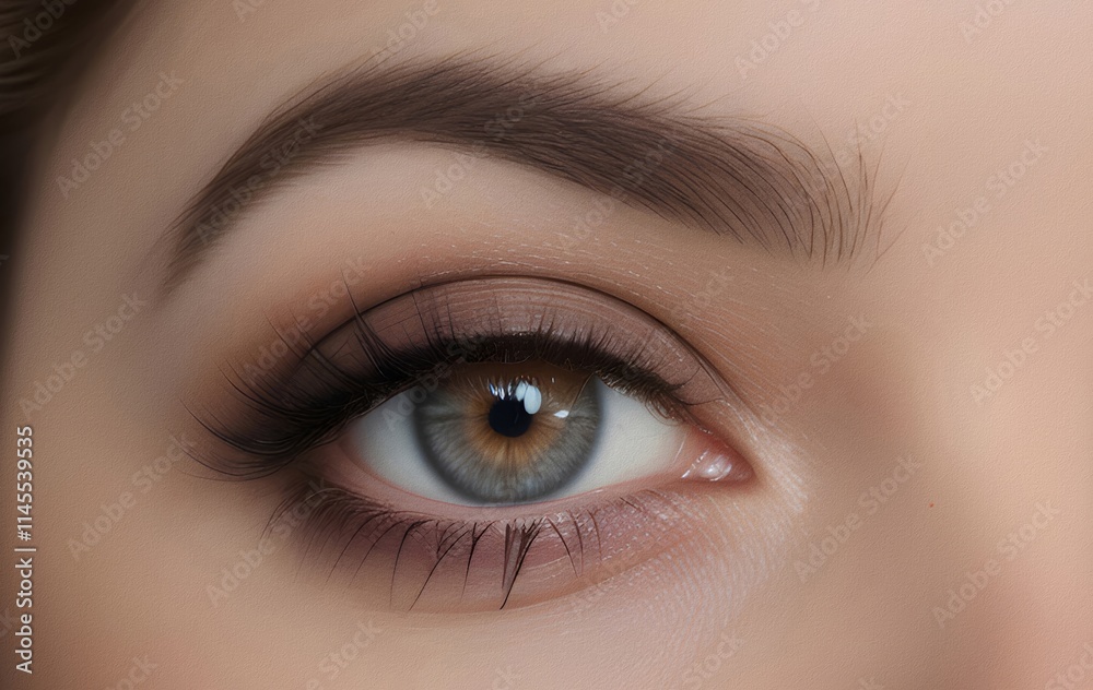 Fototapeta premium Eye makeup with eyeshadow and arrow. Beautiful macro shot of female eye make-up. Blue eye. Creative fashion make-up. Perfect shape make-up and long lashes. Cosmetics.
