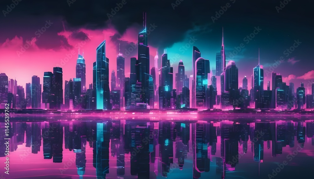 Obraz premium Futuristic cityscape at night with glowing neon lights and digital beams.