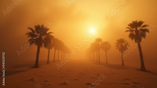 Golden Desert Scene with Palms Under a Radiant Sunset Glow

