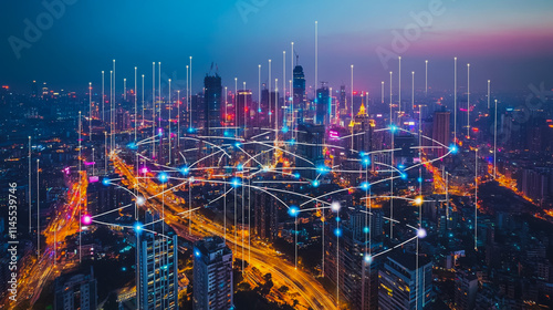 Wallpaper Mural Smart digital city with connection cyber security network reciprocity over the cityscape . future smart wireless digital city and social media networking systems that connects people within the city Torontodigital.ca