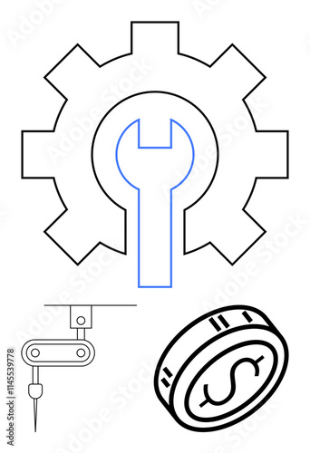 Gear with embedded wrench, robotic arm tool, and coin with dollar sign. Ideal for themes of engineering, automation, finances, industry, innovation economic growth and technical support. Line