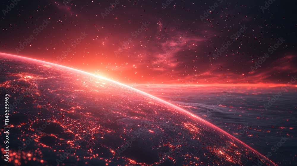 Obraz premium Cosmic landscape with glowing planet and stars.