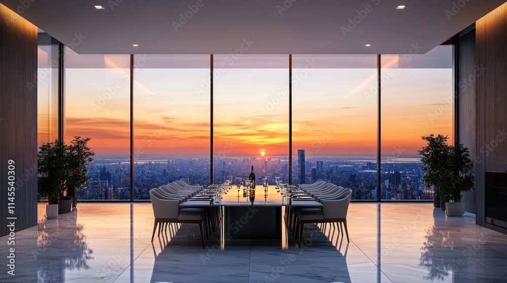 Fototapeta premium Luxury Penthouse Dining: Sunset Cityscape