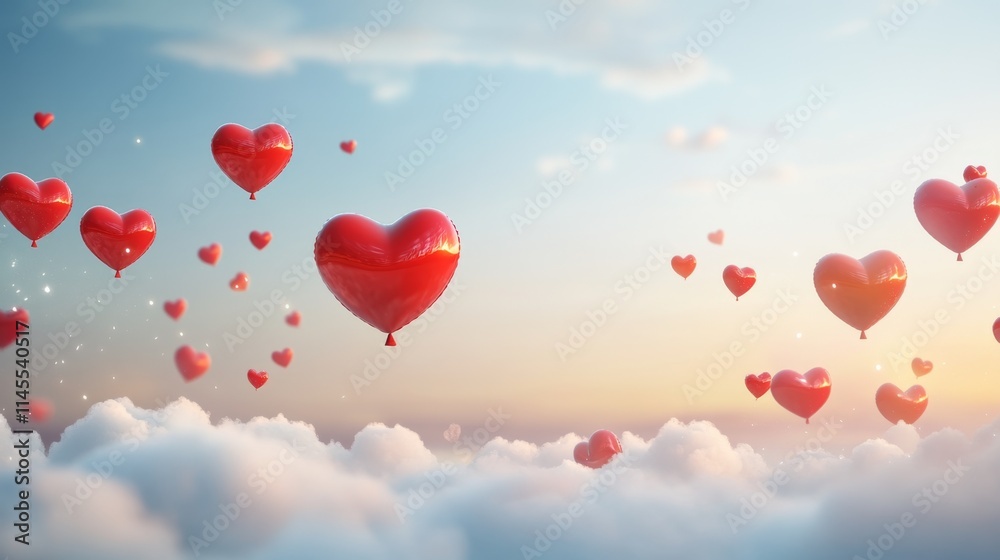 Floating Heart Balloons in a Dreamy Sky with Soft Clouds Floating Heart Balloons in a Dreamy Sky with Soft Clouds