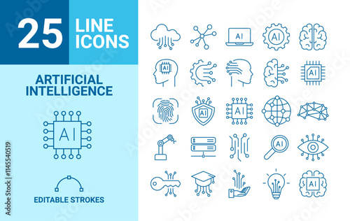 Set of 25 web icons of artificial intelligence in line style. AI technology icons for web and mobile applications.	
