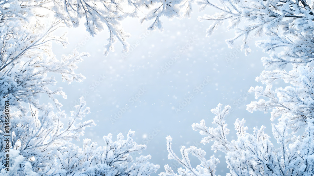 Obraz premium A serene winter scene framed by frosty branches, with gentle snowfall in a pale blue sky.