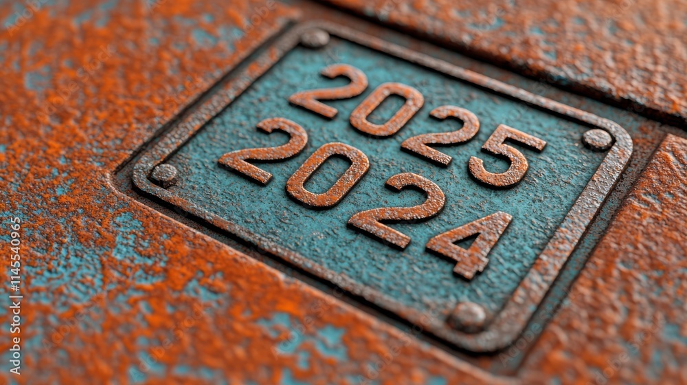 Close-up of a weathered metal plate displaying the years 2024 and 2025, set against a rusted background. Close-up of a weathered metal plate displaying the years 2024 and 2025, set against a rusted background.