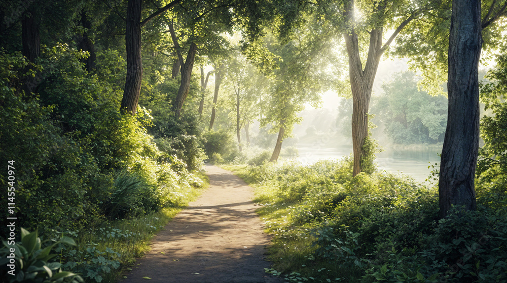 Fototapeta premium Peaceful Tranquil Forest Path - Dreamy Nature Scene for Calming Wallpaper or Background