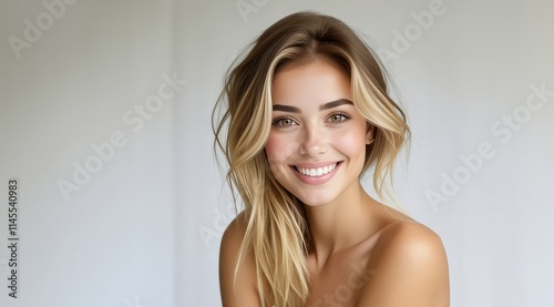 Man woman smiling. Young beauty girl laughing. Portrait Of Young Smiling Model. Closeup face of smiling model isolated on gray. Portrait of smiling woman with blonde hair.