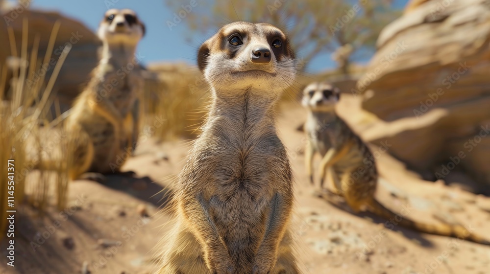 Fototapeta premium Three meerkats stand on a sandy hill, looking up with curious expressions.