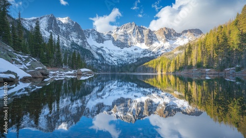 Dramatic Snow Covered Mountain Range Reflected in Calm Lake