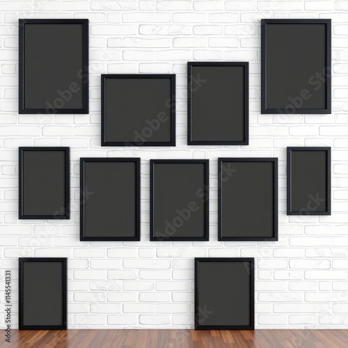 Photo frames set isolated on white bricks wall nine black realistic frameworks collection 3d illustration interior decor mock up frame isolated frame border design background isolated photo