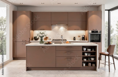 a modern kitchen in the house with furniture and a set in the trendy mocha mousse color. convenience, comfort, modern technology