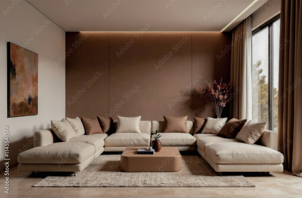 the interior of the room is in a minimalist style in the color of the year mocha mousse. the trending color in the fashion industry the interior of the room is in a minimalist style in the color of the year mocha mousse. the trending color in the fashion industry