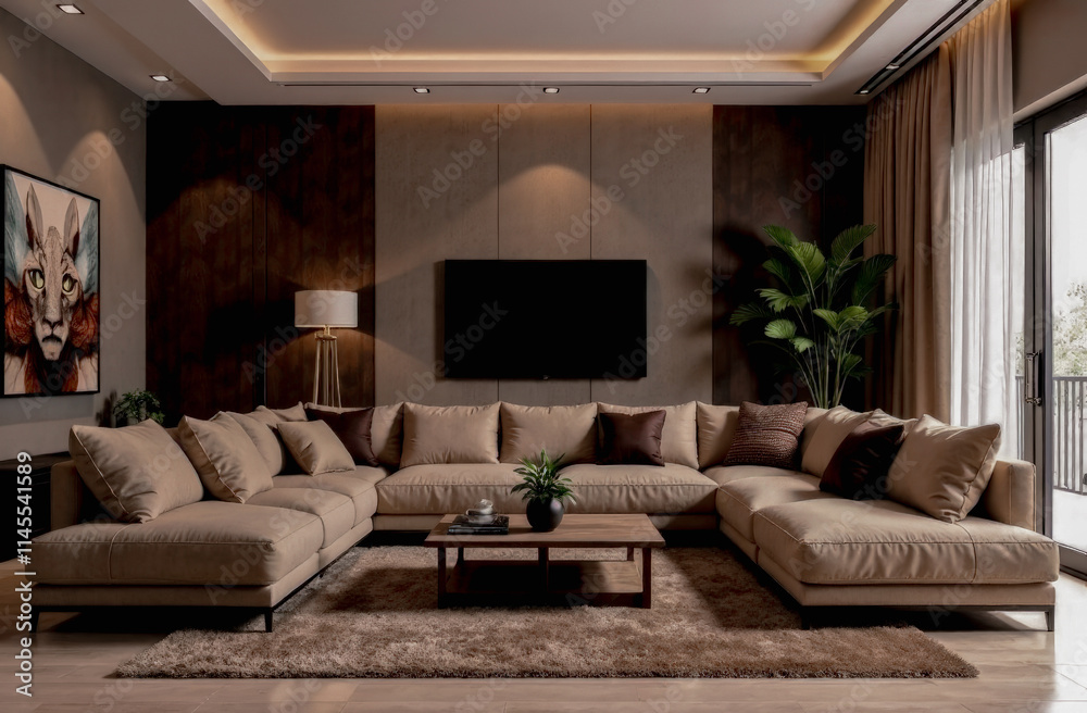the interior of the room is in a minimalist style in the color of the year mocha mousse. the trending color in the fashion industry the interior of the room is in a minimalist style in the color of the year mocha mousse. the trending color in the fashion industry