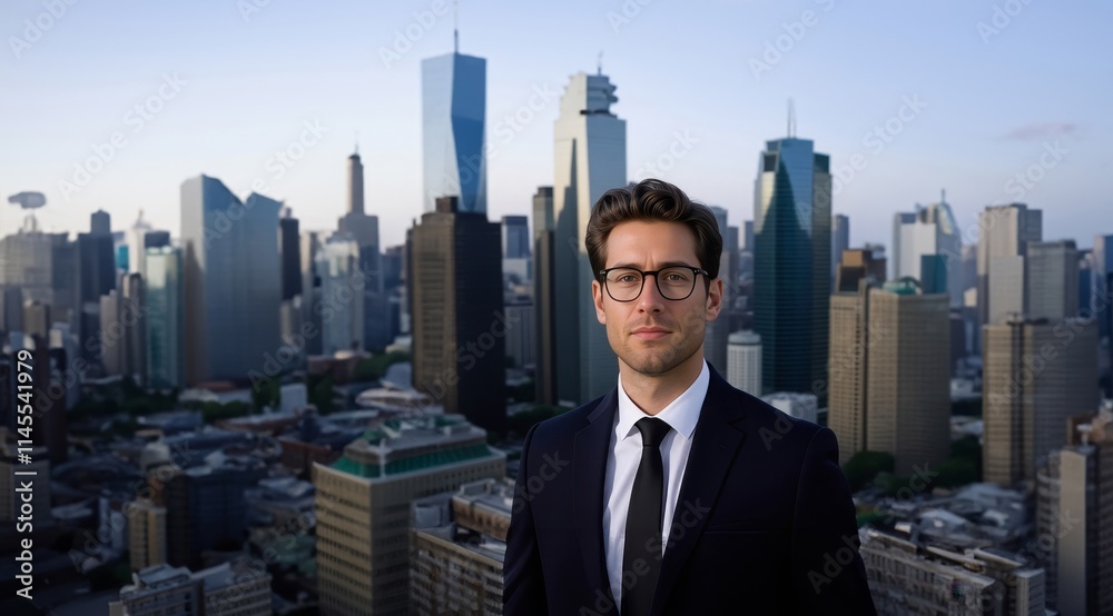 Business man standing near cityscape. The concept of business, city life and future. Business technology concept. Businessman on future city background and futuristic skyscrapers. Business man standing near cityscape. The concept of business, city life and future. Business technology concept. Businessman on future city background and futuristic skyscrapers.