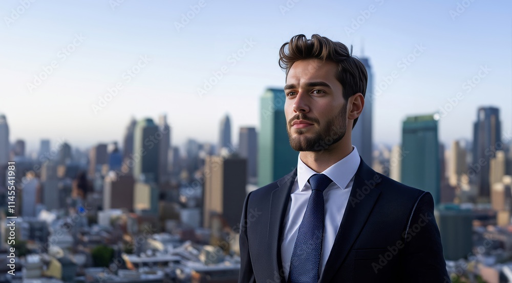 Business man standing near cityscape. The concept of business, city life and future. Business technology concept. Businessman on future city background and futuristic skyscrapers. Business man standing near cityscape. The concept of business, city life and future. Business technology concept. Businessman on future city background and futuristic skyscrapers.
