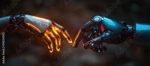 Two robotic hands reach towards each other, one with glowing orange lights and the other with red and blue lights, against a dark blurred background. photo