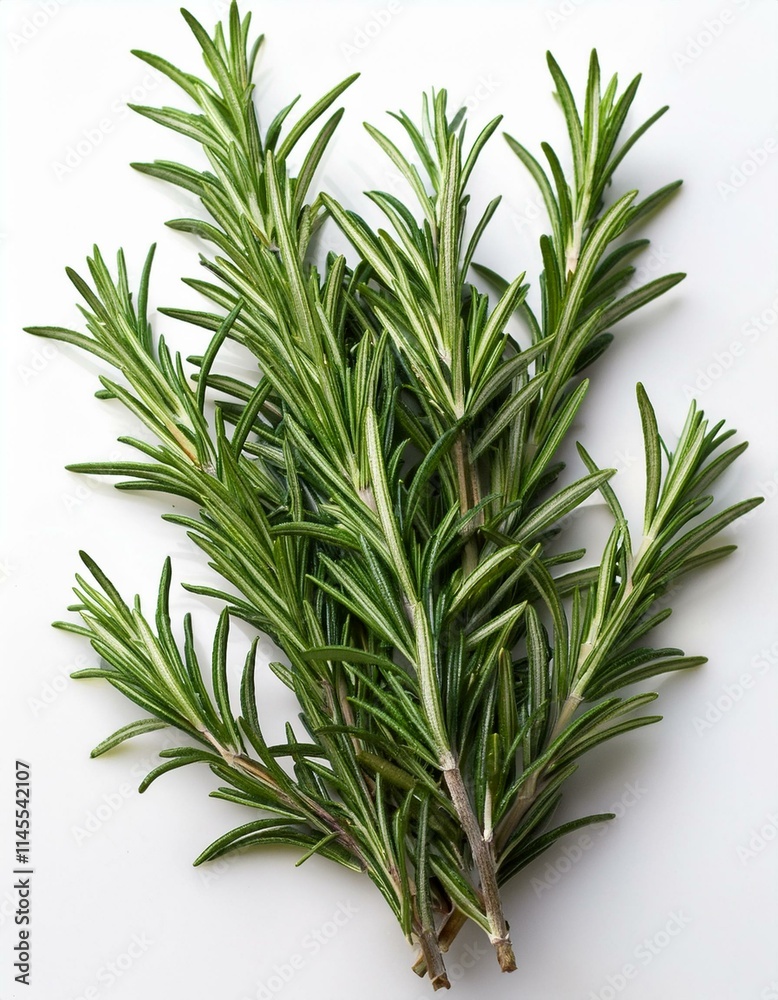 Fototapeta premium Fresh rosemary sprigs on a white background. Aromatic and vibrant.