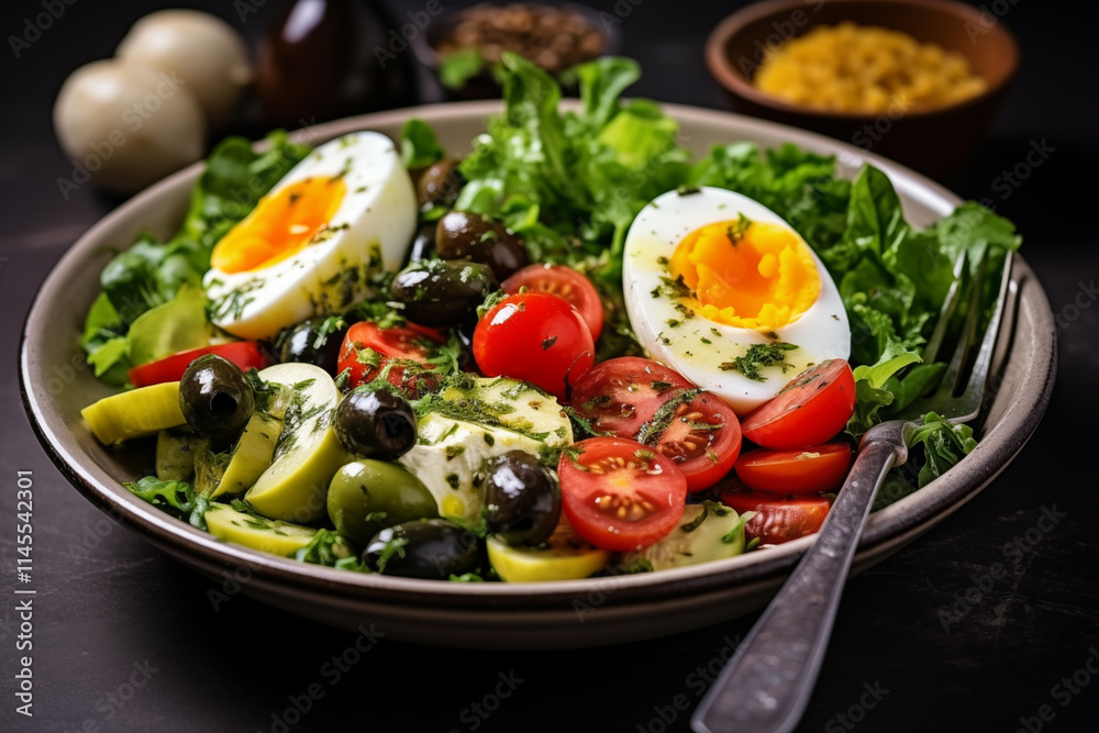 Vibrant dish featuring crisp greens, cherry tomatoes, diverse olives, and slices of hard-boiled eggs artfully arranged. Healthy meal option rich in color and flavor. Vibrant dish featuring crisp greens, cherry tomatoes, diverse olives, and slices of hard-boiled eggs artfully arranged. Healthy meal option rich in color and flavor.
