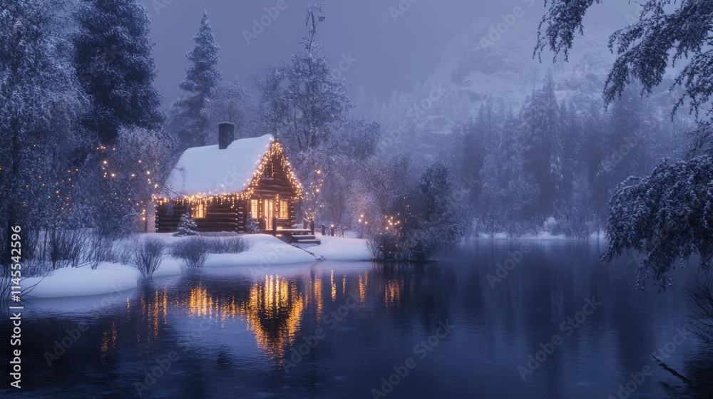 Fototapeta premium A peaceful snowy cabin glowing warmly with holiday lights in a quiet meadow