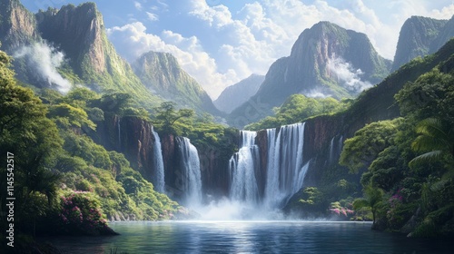Dramatic Waterfall Plunging into Serene Lake Surrounded by Mountains