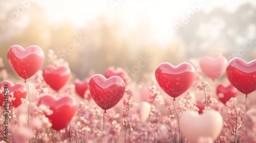 Fototapeta Naklejka Na Ścianę i Meble -  Colorful Heart Balloons in Enchanting Flower Field at Sunset
