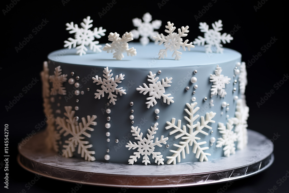 Fototapeta premium Beautifully designed winter-themed cake features delicate white snowflakes, perfect for holiday celebrations or winter events.