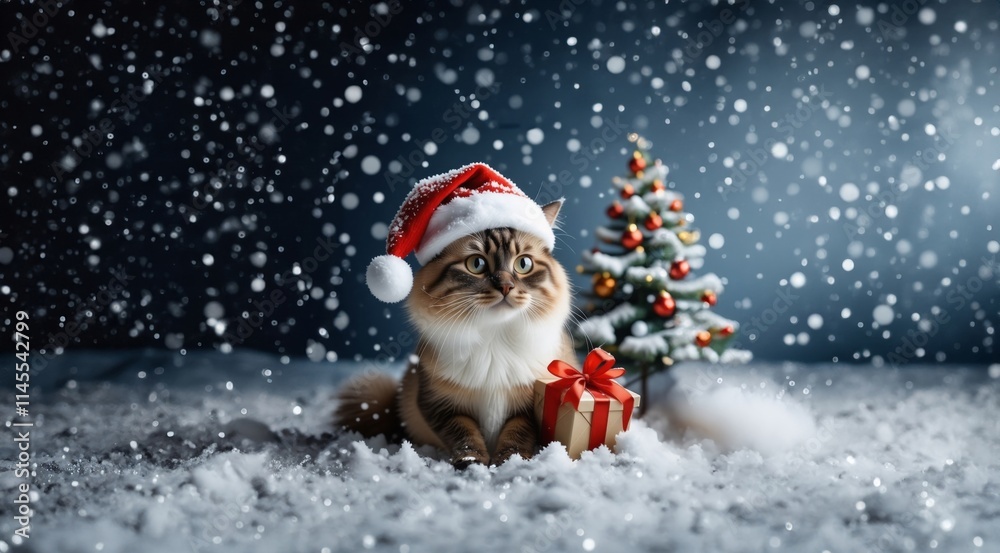 Cat in Santa hat on Christmas tree. Funny Cat in red Santa hat with Christmas gift on winter snow greeting card. Cat in Christmas Santa hat near Christmas tree on snow winter outdoor. New Year banner. Cat in Santa hat on Christmas tree. Funny Cat in red Santa hat with Christmas gift on winter snow greeting card. Cat in Christmas Santa hat near Christmas tree on snow winter outdoor. New Year banner.