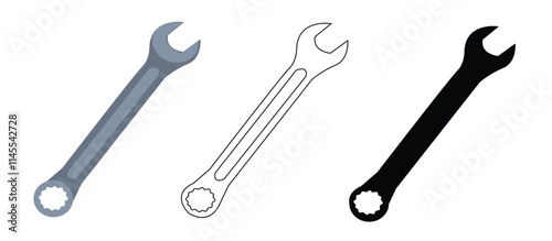 Wrench tool icon. Colorful filled line, glyph, and outline versions, and filled vector signs. Symbol illustration, . Icon set with different styles.