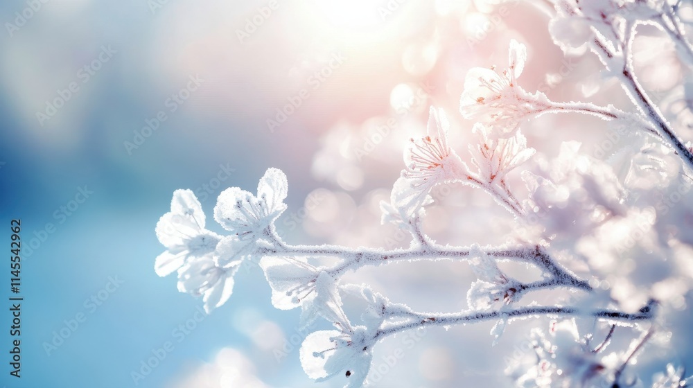 A peaceful snowy field with sunlight reflecting off icy tree branches A peaceful snowy field with sunlight reflecting off icy tree branches