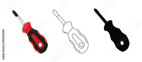 screwdriver vector illustration, there are colored silhouettes and there are some for learning to color,