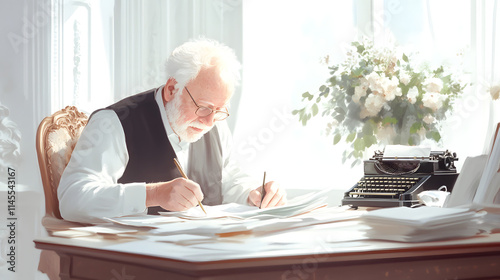 An elderly man sitting at a desk, reading a medical document, portraying wisdom, careful attention, and the importance of healthcare, emphasizing the role of senior individuals in making informed deci photo