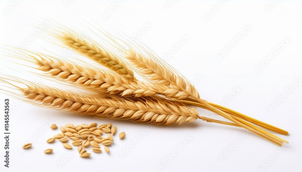 Golden wheat stalks and grains on white background.