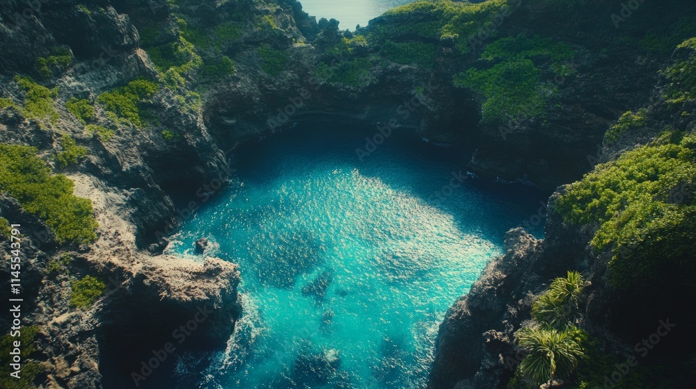 Aerial View of Hidden Tropical Cove with Crystal Clear Water Aerial View of Hidden Tropical Cove with Crystal Clear Water