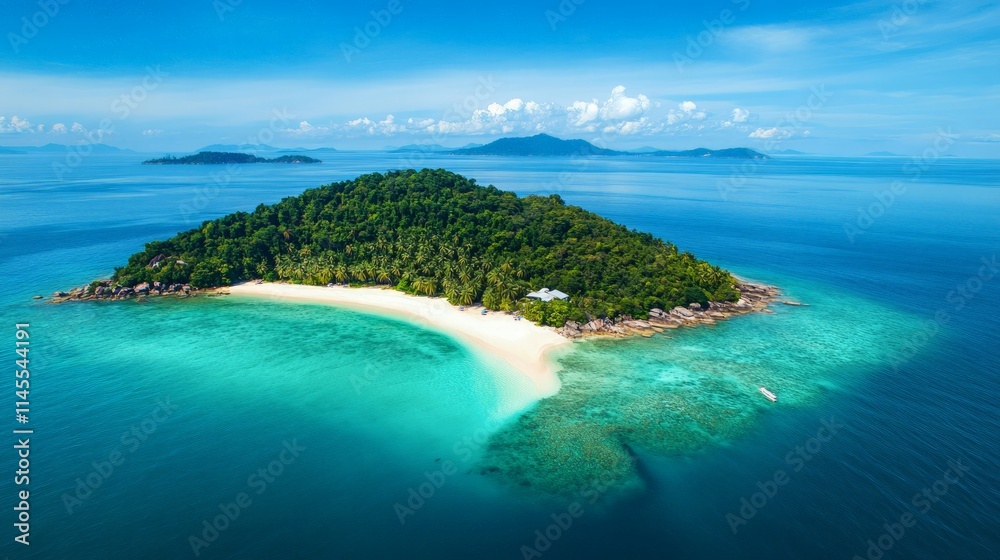 Fototapeta premium Aerial View of a Serene Tropical Island Surrounded by Crystal Waters
