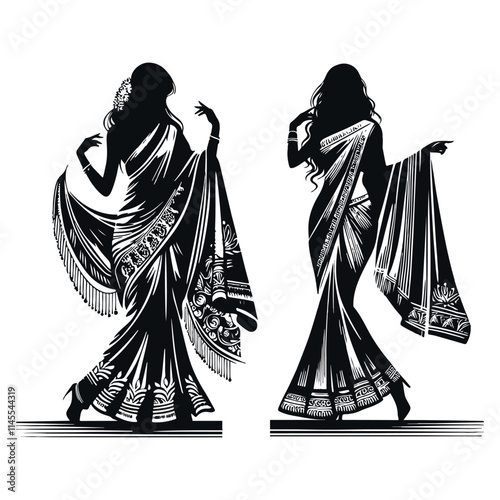 Beautiful Silhouette of a Bangladeshi Woman in Traditional Saree Vector Art