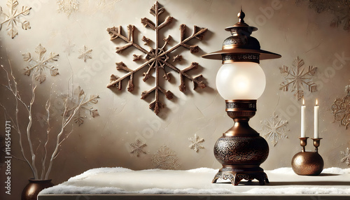 Creative image of an ancient asian lamp with snowflake photo