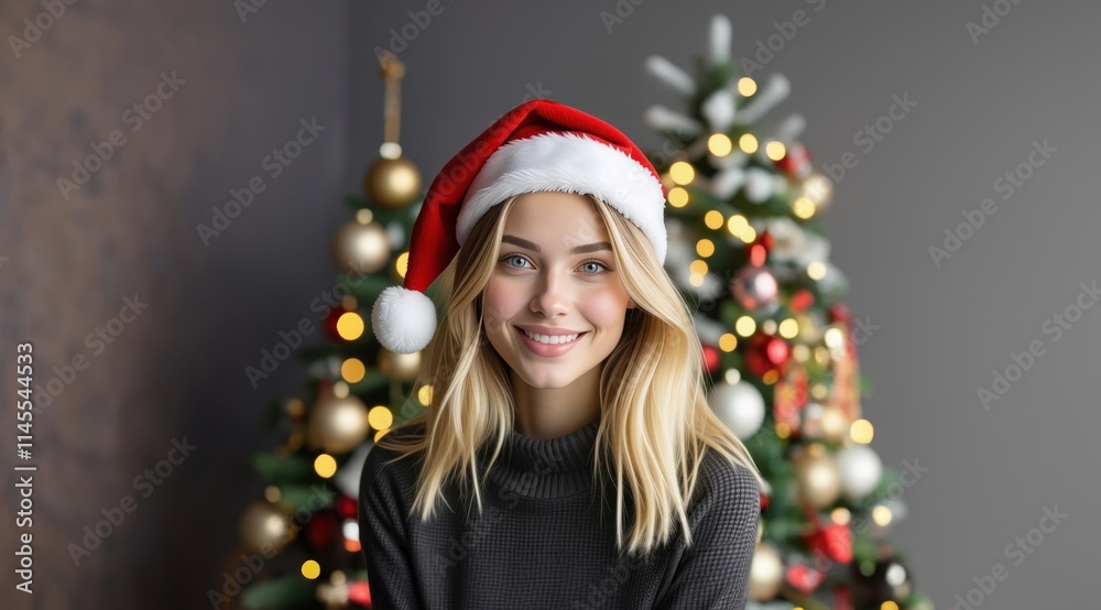 Photo of happy woman smiling indoors house home room. Winter holidays. Portrait of beauty woman in Santa hat cap. Happy young woman in santa claus hat over Christmas tree at home. Photo of happy woman smiling indoors house home room. Winter holidays. Portrait of beauty woman in Santa hat cap. Happy young woman in santa claus hat over Christmas tree at home.
