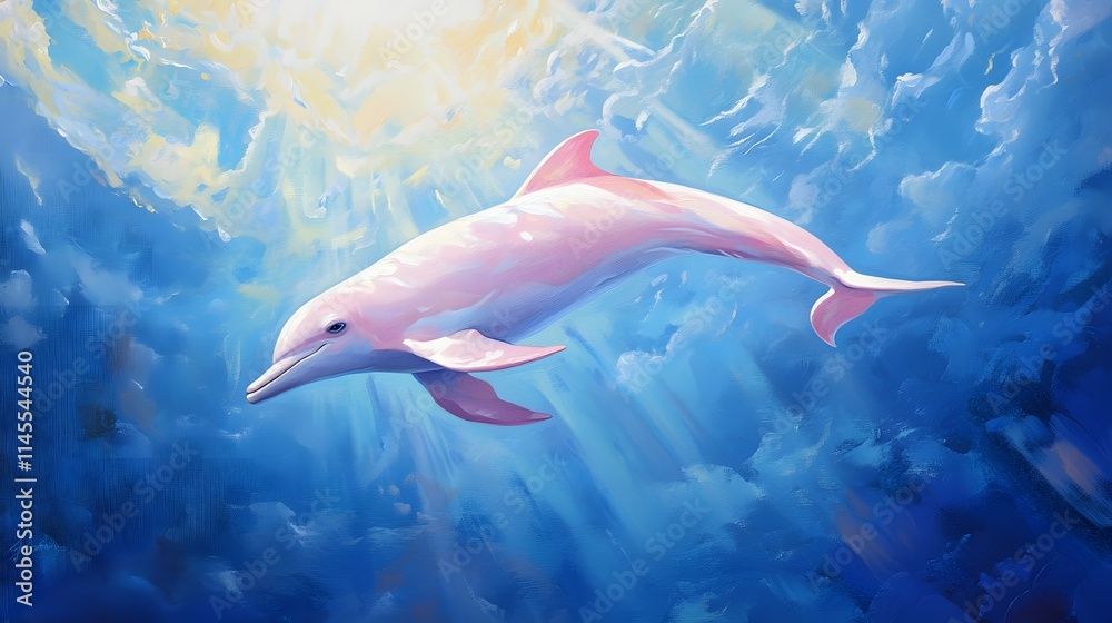 Fototapeta premium Pink Dolphin Swimming in Sunlit Ocean Depths
