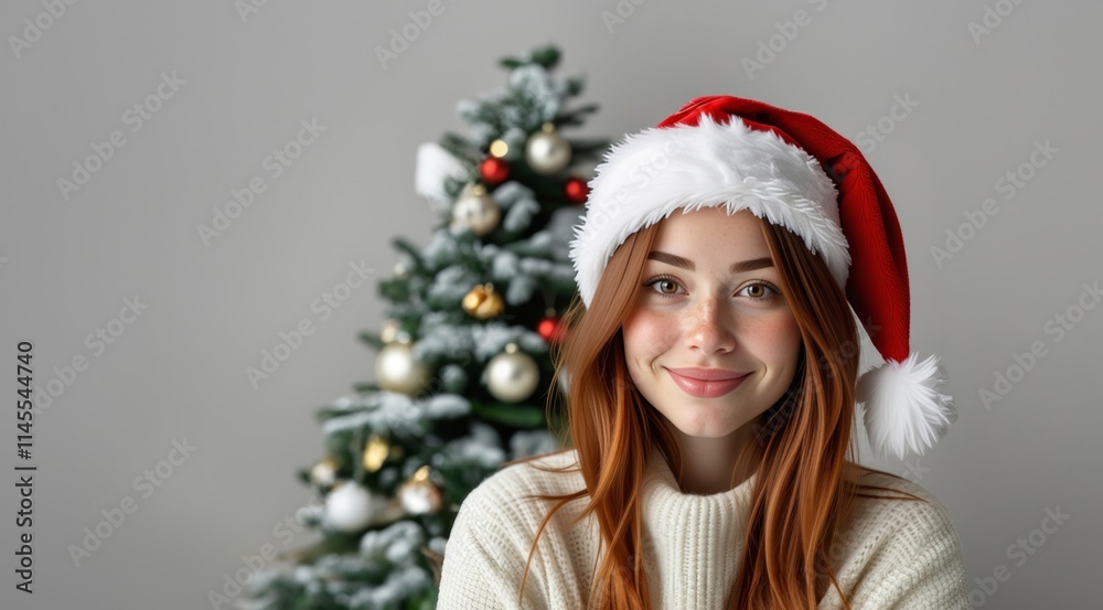 Winter holidays. Portrait of beauty woman in Santa hat cap. Happy young woman in santa claus hat over Christmas tree at home. Winter holidays. Portrait of beauty woman in Santa hat cap. Happy young woman in santa claus hat over Christmas tree at home.