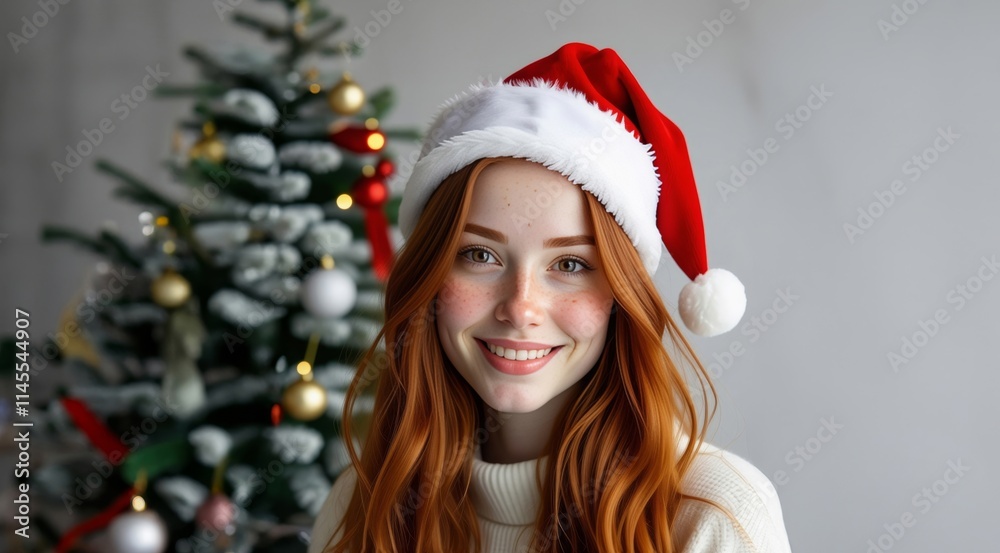Winter holidays. Portrait of beauty woman in Santa hat cap. Happy young woman in santa claus hat over Christmas tree at home. Winter holidays. Portrait of beauty woman in Santa hat cap. Happy young woman in santa claus hat over Christmas tree at home.