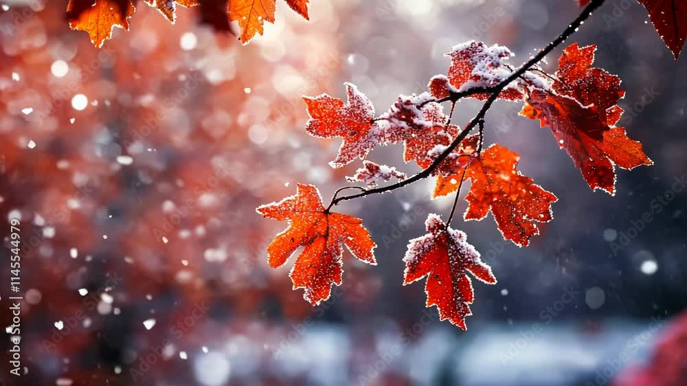 Snow-covered red maple leaves on a branch during a snowfall.