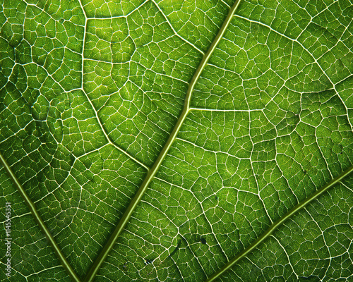 A close-up of a green leaf with complex veins and texture against a background of nature isolation.