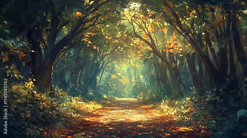 Naklejka premium Sunlight pours through gaps in the thick canopy of a forest, illuminating a path covered with fallen leaves and surrounded by towering trees 