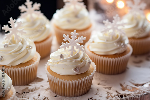 Delicious cupcakes with creamy frosting and decorative snowflakes arranged beautifully on lace doily, creating warm and inviting winter atmosphere.