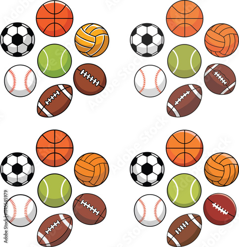 common sports balls in a solid black outline on a white background. 