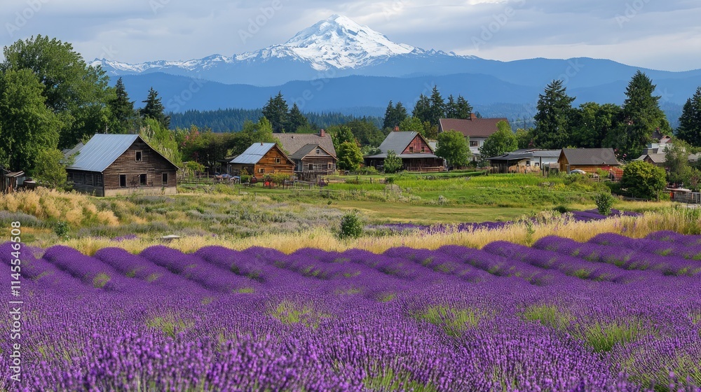 Vibrant Lavender Fields with Snow-Capped Mountains in Background Vibrant Lavender Fields with Snow-Capped Mountains in Background