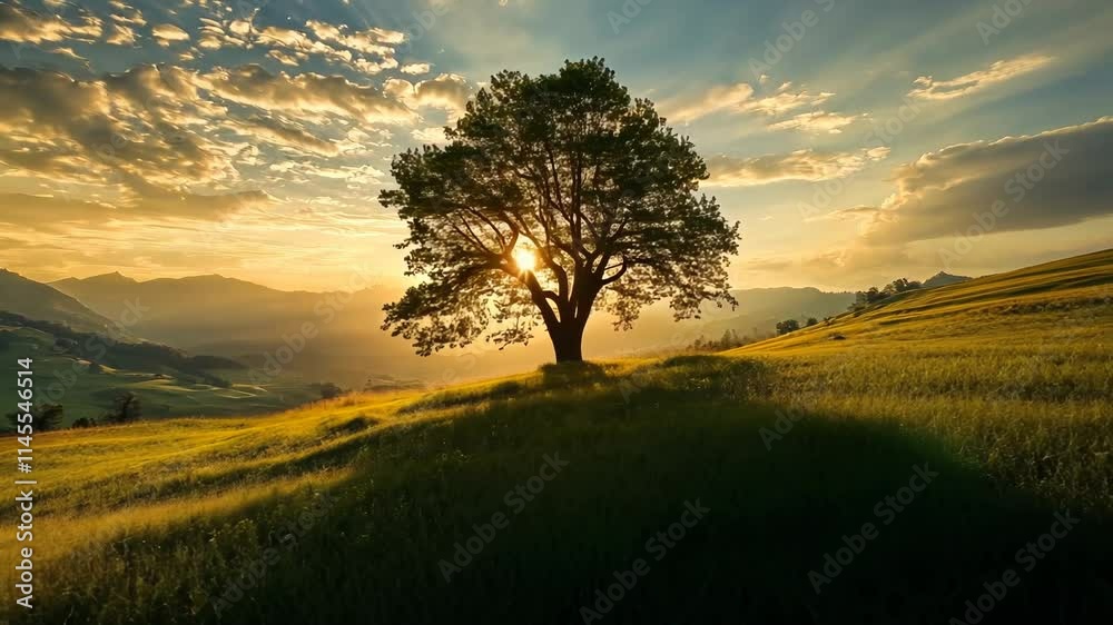 Solitary tree on grassy hill at sunset, overlooking vast mountain range. Solitary tree on grassy hill at sunset, overlooking vast mountain range.