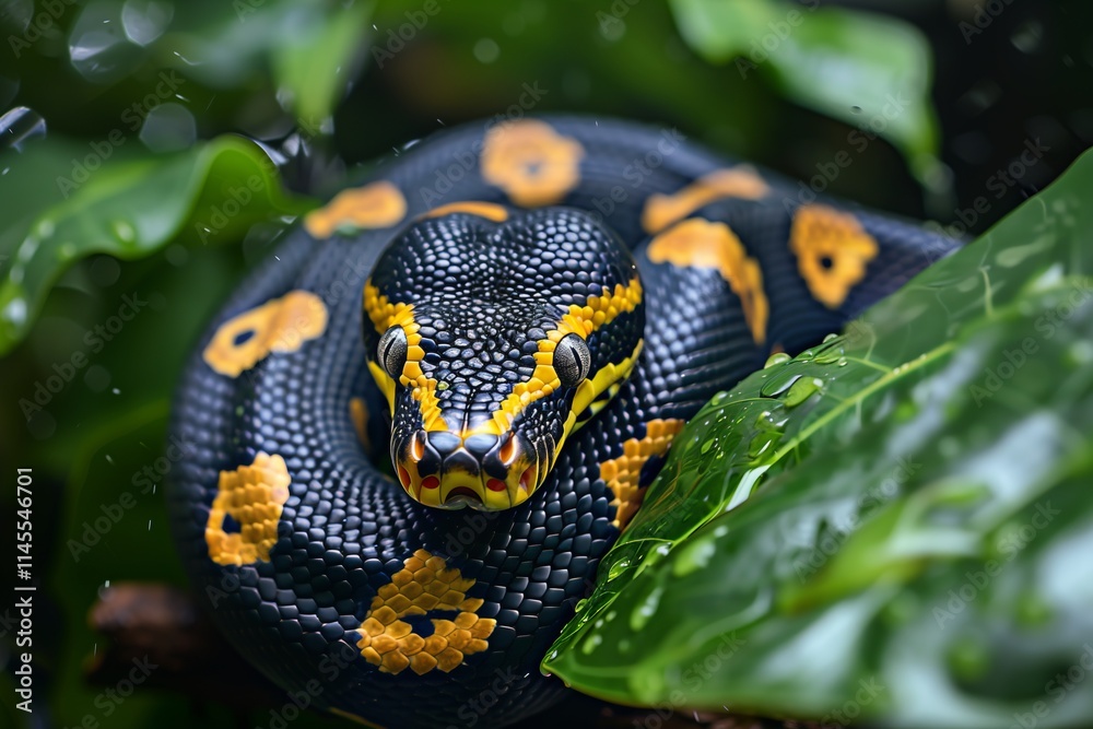 A vibrant black and yellow snake coiled among lush green leaves, showcasing its intricate patterns and colors. A vibrant black and yellow snake coiled among lush green leaves, showcasing its intricate patterns and colors.